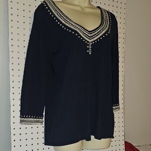 Lucky Brand Blue and White Embroidered Blouse Size L 100% cotton